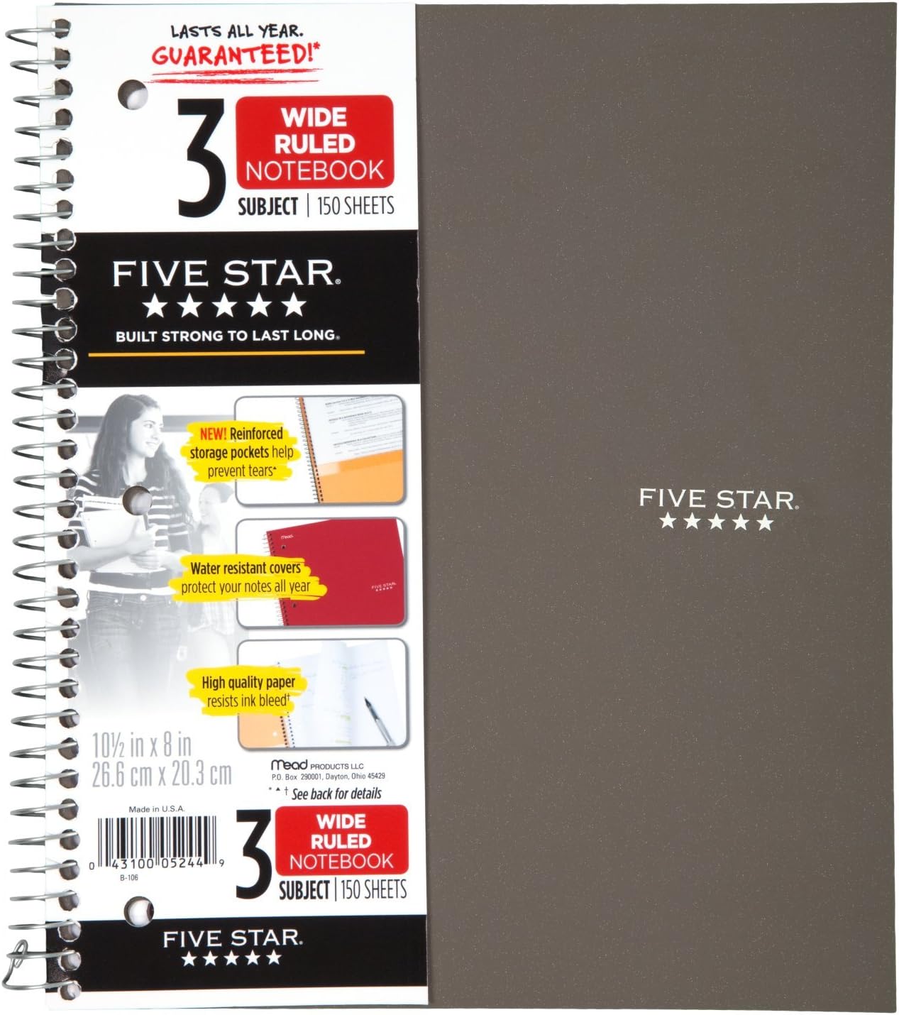 Five Star Spiral Notebook, 3 Subject, Wide Ruled Paper, 150 Sheets, 10-1/2" x 8" Sheet Size, Lime (73190)