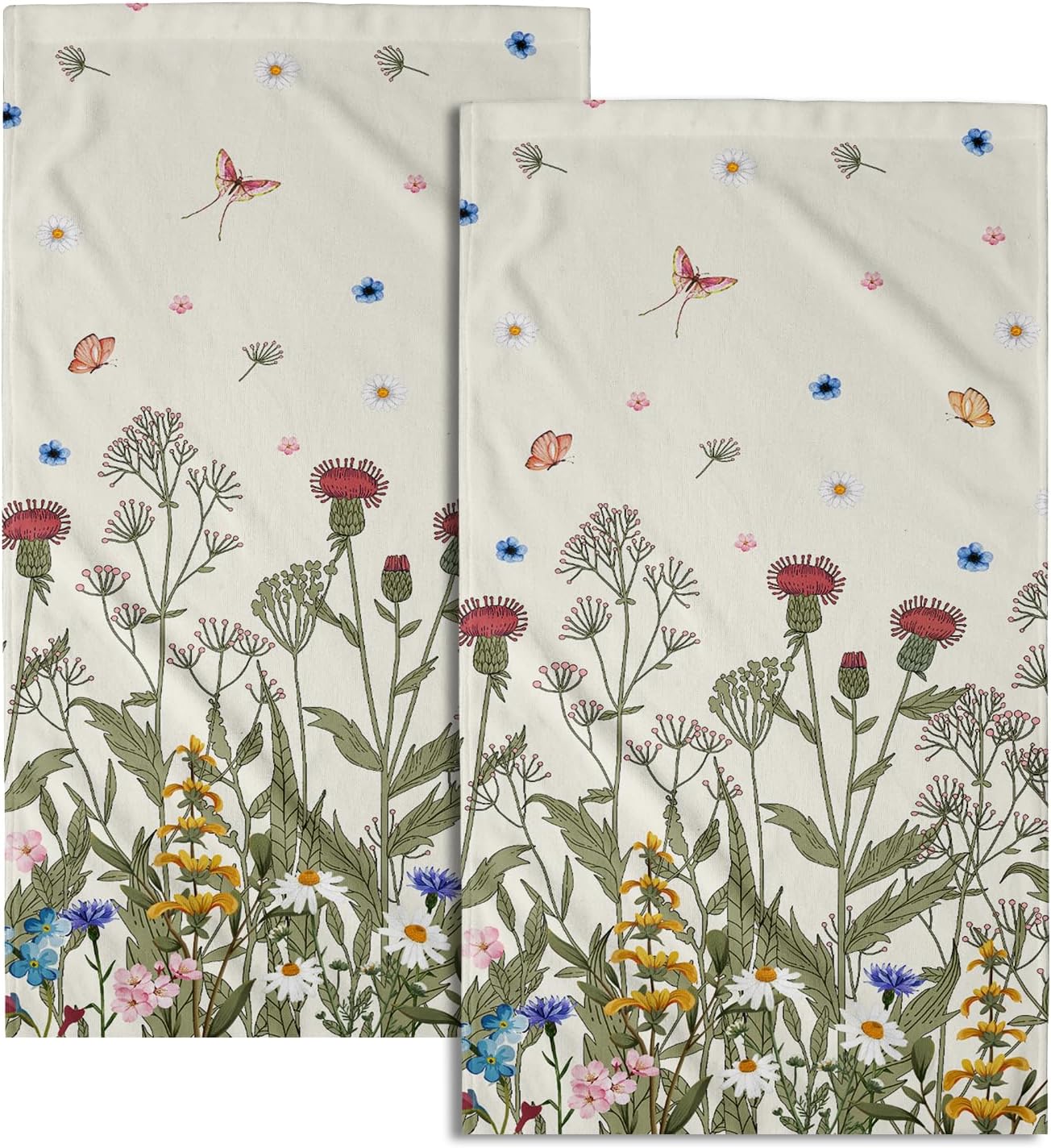 Wildflower Floral Hand Towel Set of 2, Botanical Plant Green Floral Hand Bath Towels for Bathroom Spring Summer Sage Herb Flower Kitchen Towels Decorative Soft Highly Absorbent Face Towels 14”X28”