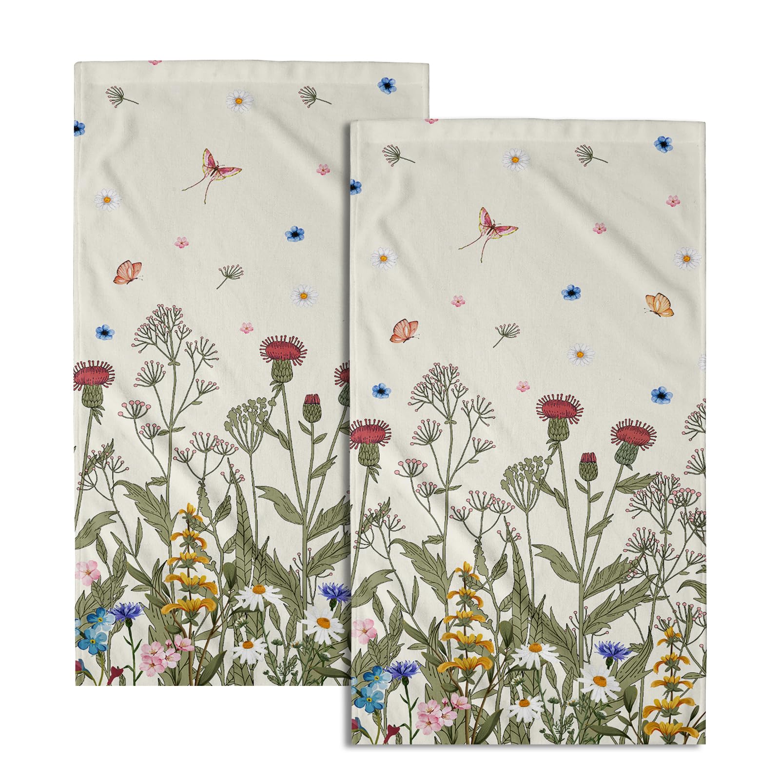 Wildflower Floral Hand Towel Set of 2, Botanical Plant Green Floral Hand Bath Towels for Bathroom Spring Summer Sage Herb Flower Kitchen Towels