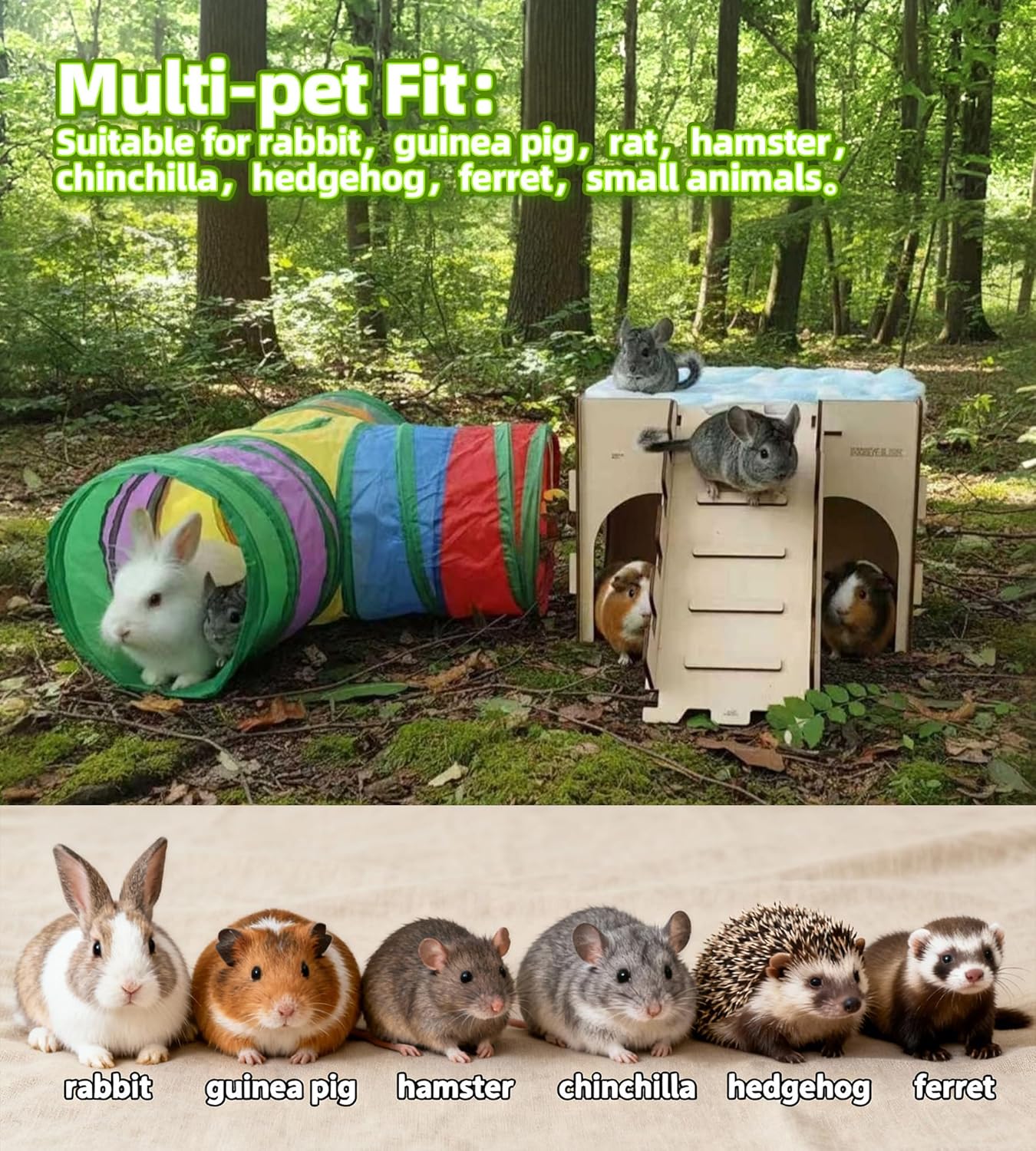 HIIMALEX Castle&Tunnel&Bed 3-in-1 Bunny's Gift Box: Extra Large Wooden Bunny Hideout with Ramp, Collasiple Tunnel and Soft Bed for Rabbit Guinea Pig Ferret Gerbil Hedgehog to Play Hide and Rest