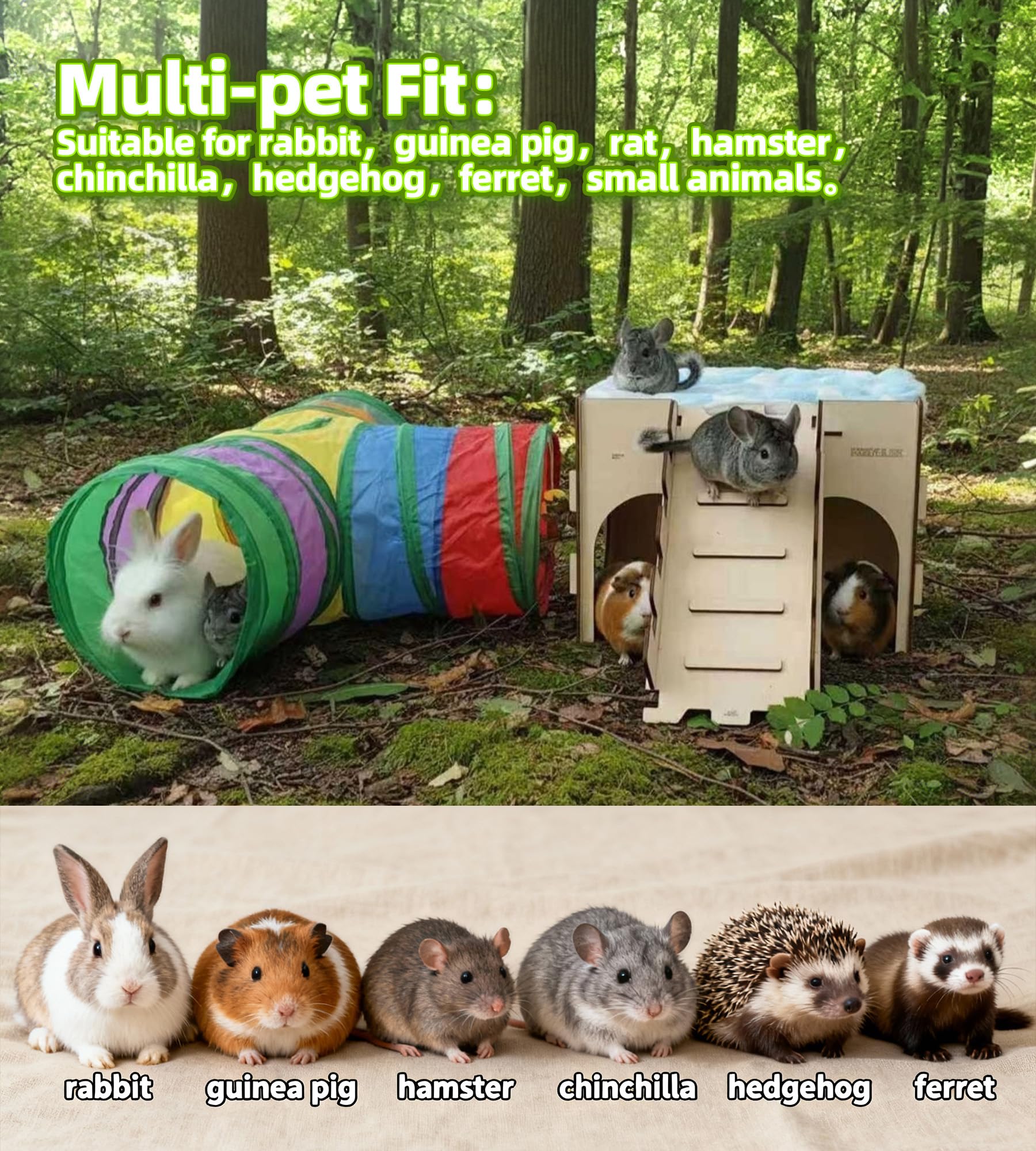 hiimalex Caja de regalo de conejo: castillo de conejo con rampa, cama de felpa, túnel colorido para conejos de interior para jugar, esconder casa con escaleras, tubo, cama de felpa para conejos,