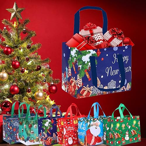 Miniatura 6 de 12 bolsas de regalo de Navidad para familiares y amigos, bolsas grandes de 12.6 x 9.8 x 6.7 pulgadas, bolsa de regalo de Papá Noel no tejida, bolsas