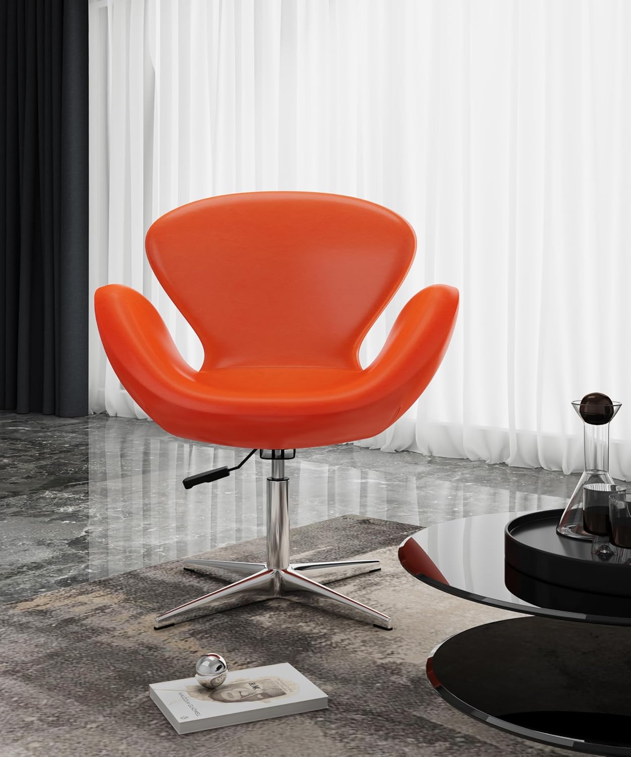 Manhattan Comfort Raspberry Adjustable Swivel Accent Chair with 360° Turn, Polished Chrome Base, Modern Retro Design, Versatile Seat Ideal for Any Room, Set of 2, Tangerine