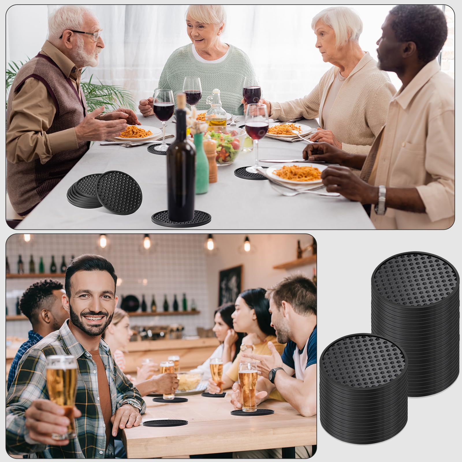 Eccliy Paquete de 60 posavasos de silicona antideslizantes para bebidas, resistentes al frío y al calor, para mesa, mesa de café, bar (negro)