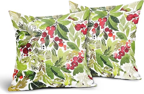 Miniatura 2 de Juego de 2 fundas de almohada de Navidad con acuarela de acebo de 16 x 16 pulgadas, con hojas verdes de temporada, bayas rojas, fundas de almohada