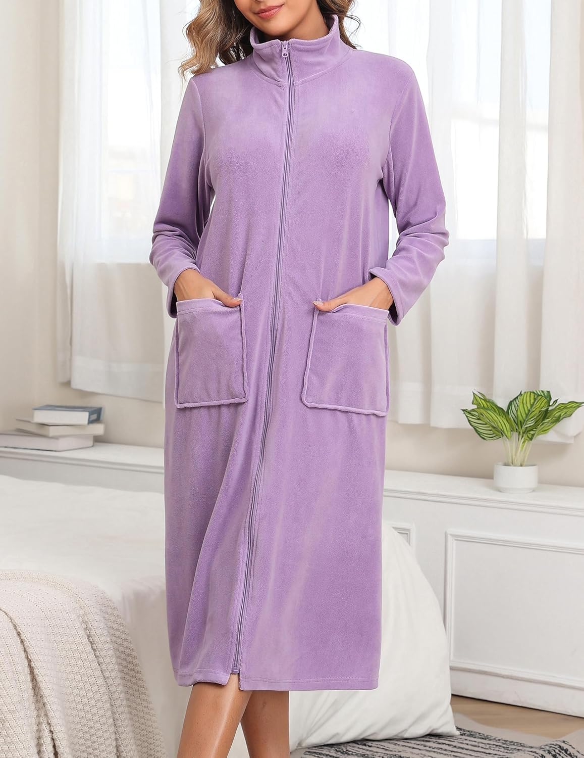 Fleece Robes For Women Zipper Nightgown Long Bathrobe Lightweight Housecoat With Pockets S-3XL - Image 3
