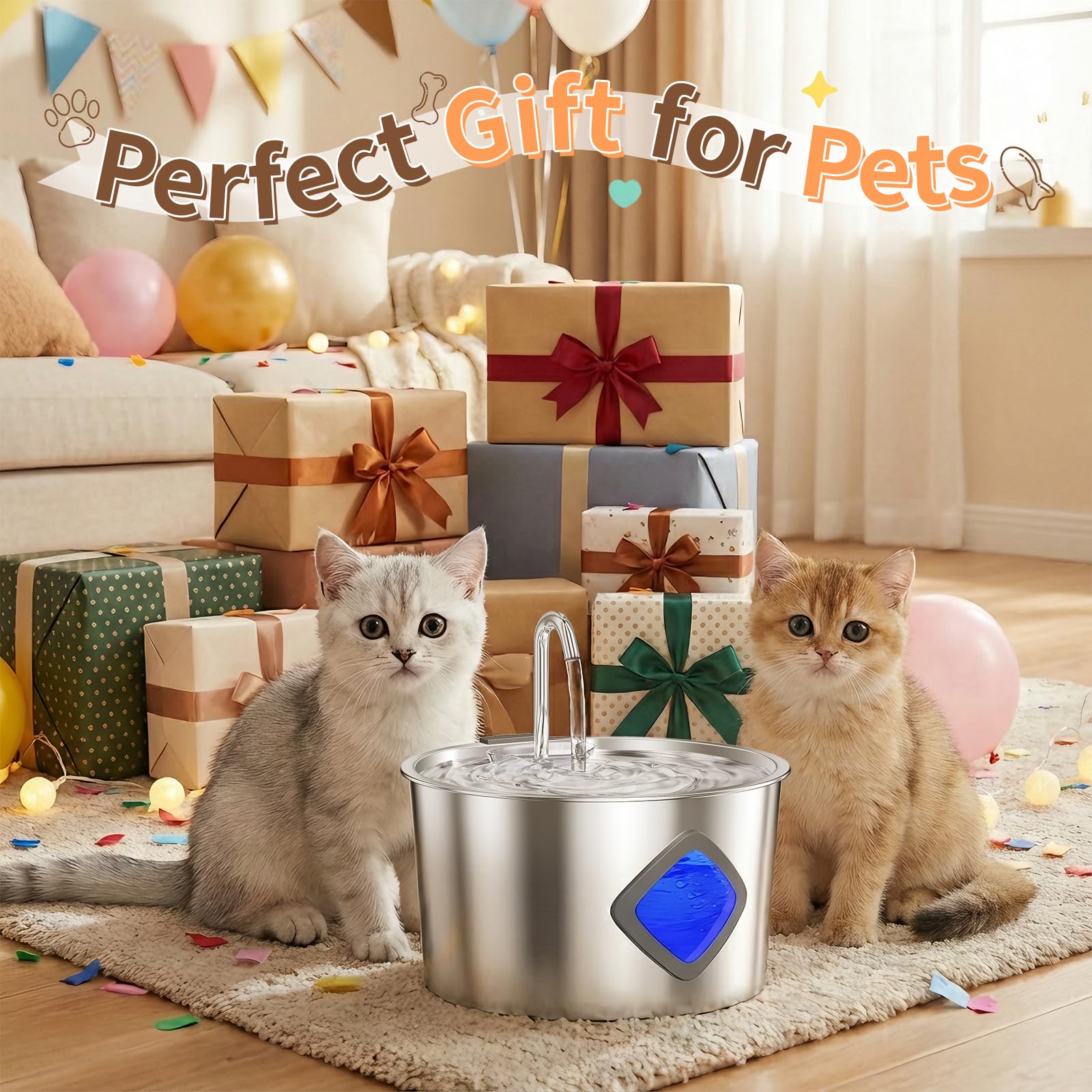 Cat Water Fountain Stainless Steel: 108oz/3.2L Automatic Pet Water Fountain for Cats Indoor- Quiet Cat Water Bowl Dispenser- Drinking Fountain for Small Dogs & Kitties-4 Filters + 4 Sponges - image 8