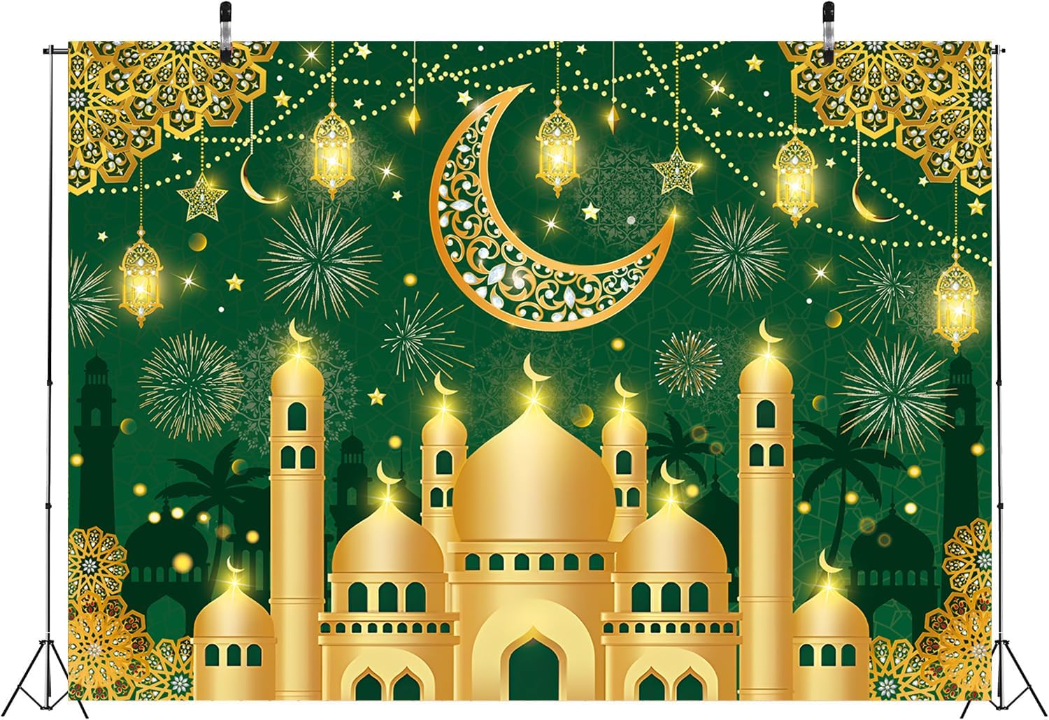 Eid Mubarak Backdrop, Muslim Ramadan Party Decorations Background Green Gold Happy Mubarak Banner for Home Muslim Eid Party Supplies (Green, 8x6FT: 96x72 inch)