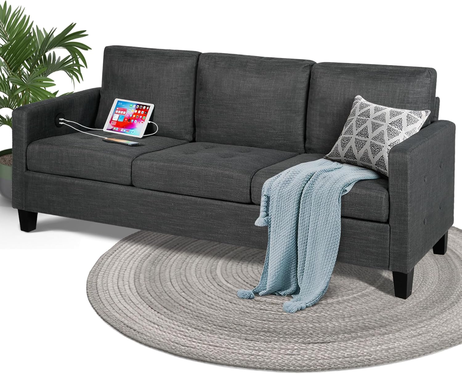 Amazon.com: STHOUYN 72" W 3 Seater Couch Sofa with USB Ports, Grey ...