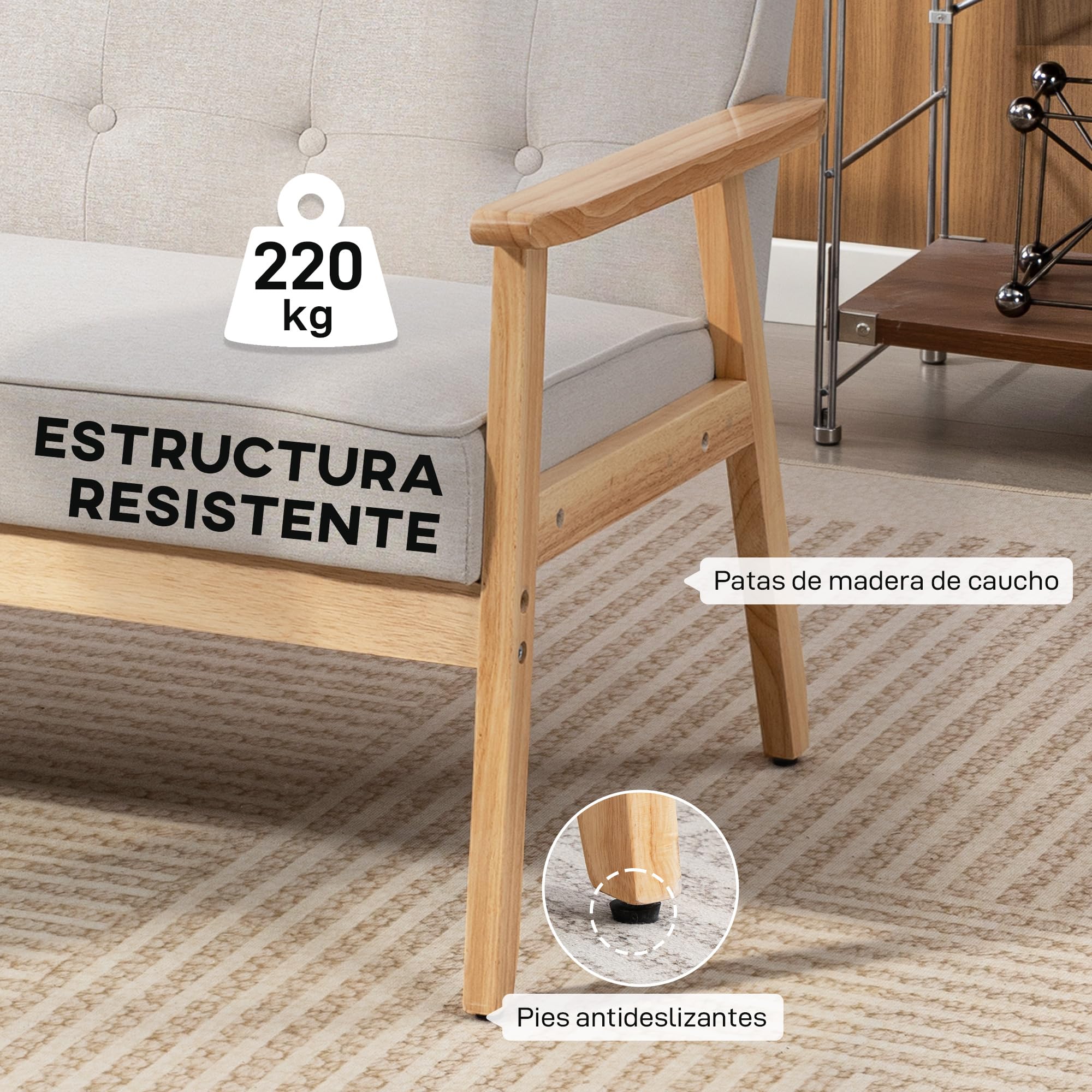 HOMCOM Sofá de 2 Plazas, Tapizado en Lino Sintético, Sofá Nórdico con Patas y Reposabrazos de Madera de Caucho, Respaldo Acolchado, para Salón, Dormitorio, Oficina, Sala de Estar, 113x67x78 cm, Beige