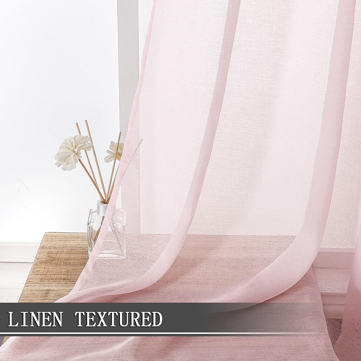 Tollpiz Short Sheer Curtains Linen Textured Living Room Curtain Sheers Light Filtering Rod Pocket Voile Curtains for Bedroom, 42 x 45 inches Long, Pink, Set of 2 Panels