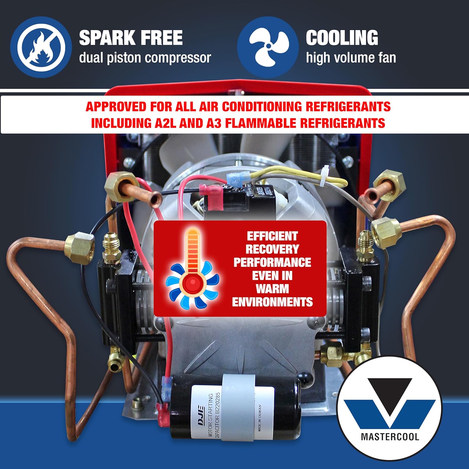 Mastercool 69360-YF Spark-Free Twin Turbo Refrigerant Recovery Machine – Includes 30 lb DOT Tank, 1/2 HP Dual-Piston Oil-Less Compressor, R1234yf Compatible, Fast Automotive A/C Recovery
