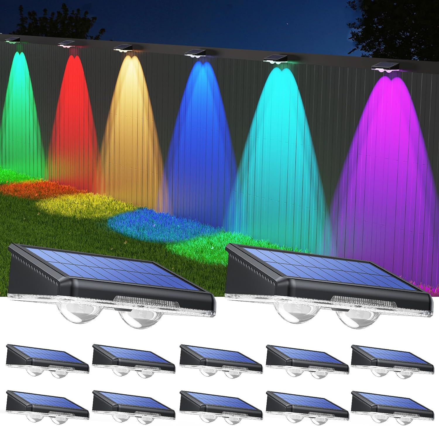TECKNET Solar Fence Lights Outdoor 12 Pack, Warm White & 6 Colors & RGB, IP66 Waterproof LED Deck Light, Dusk to Dawn Fence Lights Solar for Wall, Railing, Step, Patio, Pool, Backyard, Outside