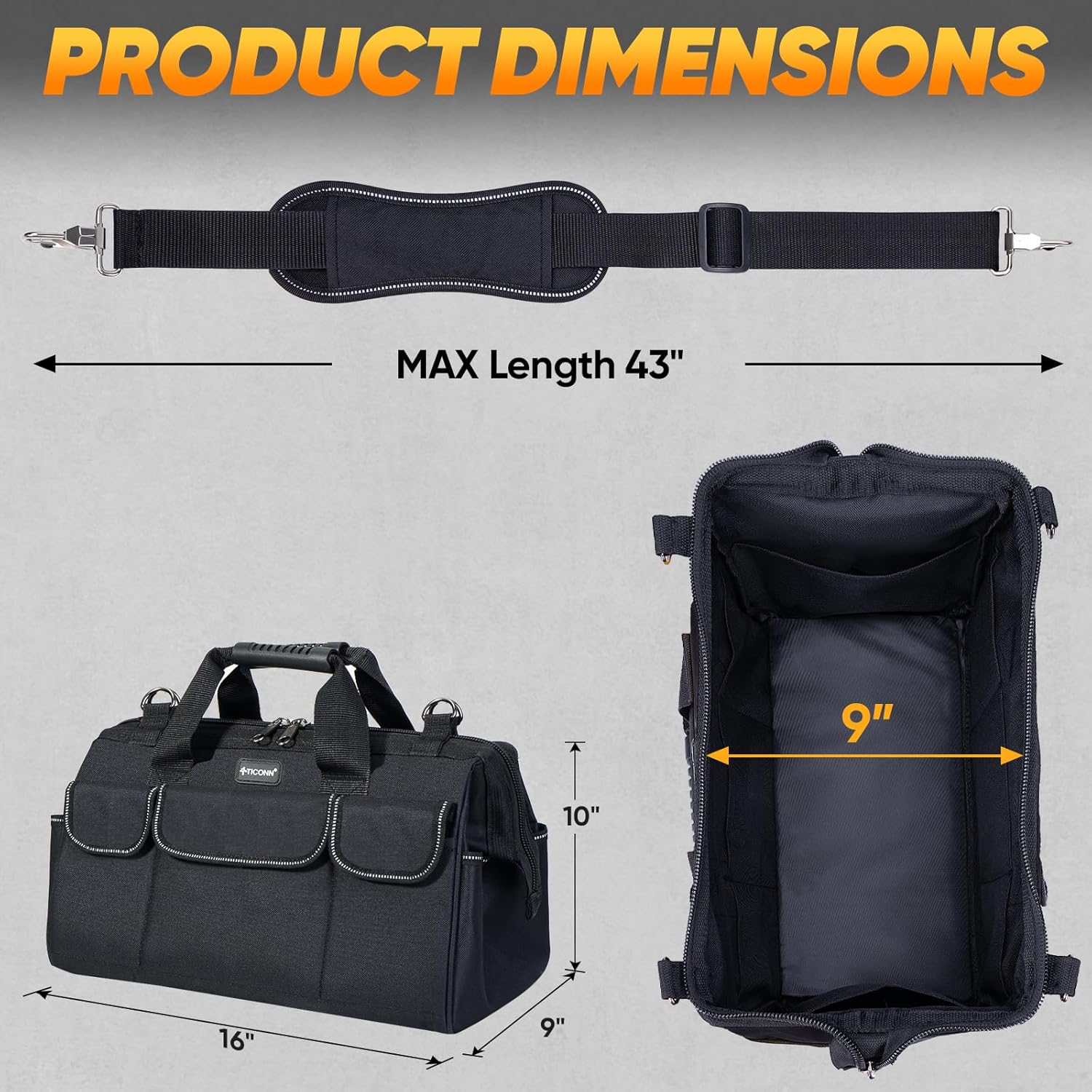 TICONN Heavy Duty Tool Bag with Multi-Pockets, Portable Tool Box Organizer Storage Bag, with Adjustable Shoulder Strap and Ergonomic Handle (Black, 16" Standard Base) - Image 4