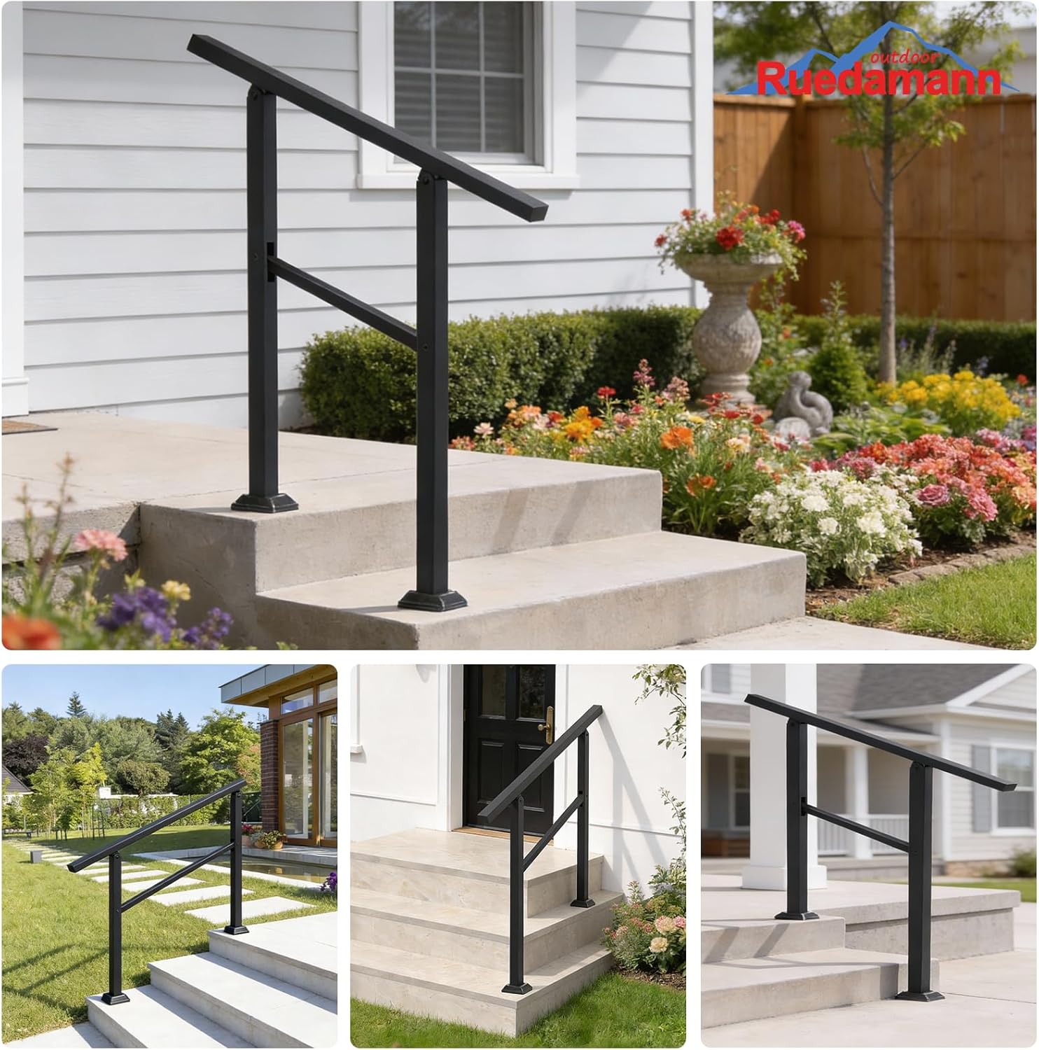 Ruedamann 3 Step Hand Rails for Outdoor Steps, Metal Railing for Stairs, Adjustable Stair Railing Kit, Hold Tight Handrails for Seniors, Porch Railing, Outdoor Handrails for Exterior Steps, Black