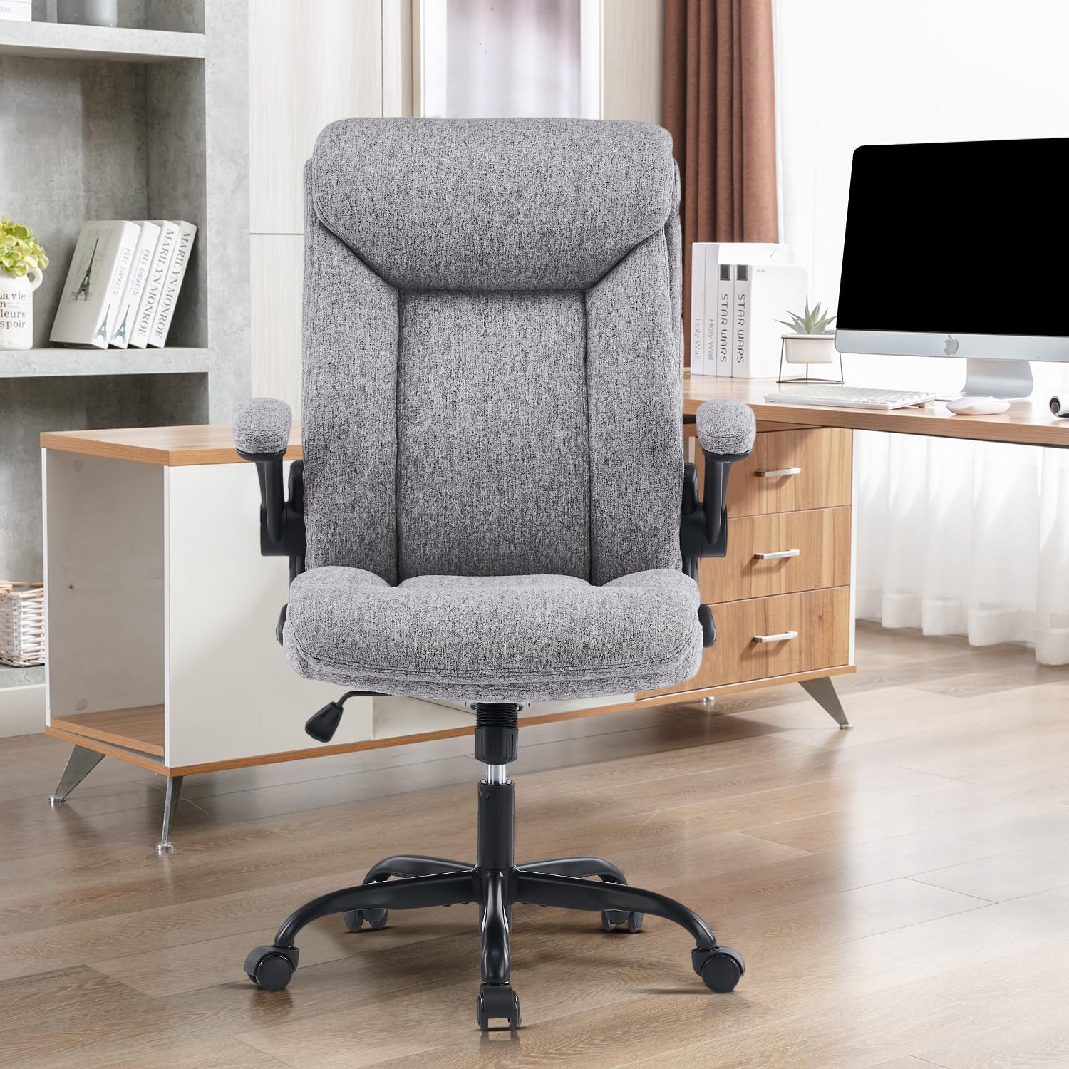 MZLEE Ergonomischer Bürostuhl Computerstuhl Schreibtischstuhl Drehbarer Arbeitsstuhl mit hochklappbarer Armlehne, höhenverstellbar, Bequem für Büro Heim Gaming (Grauer Stoff)