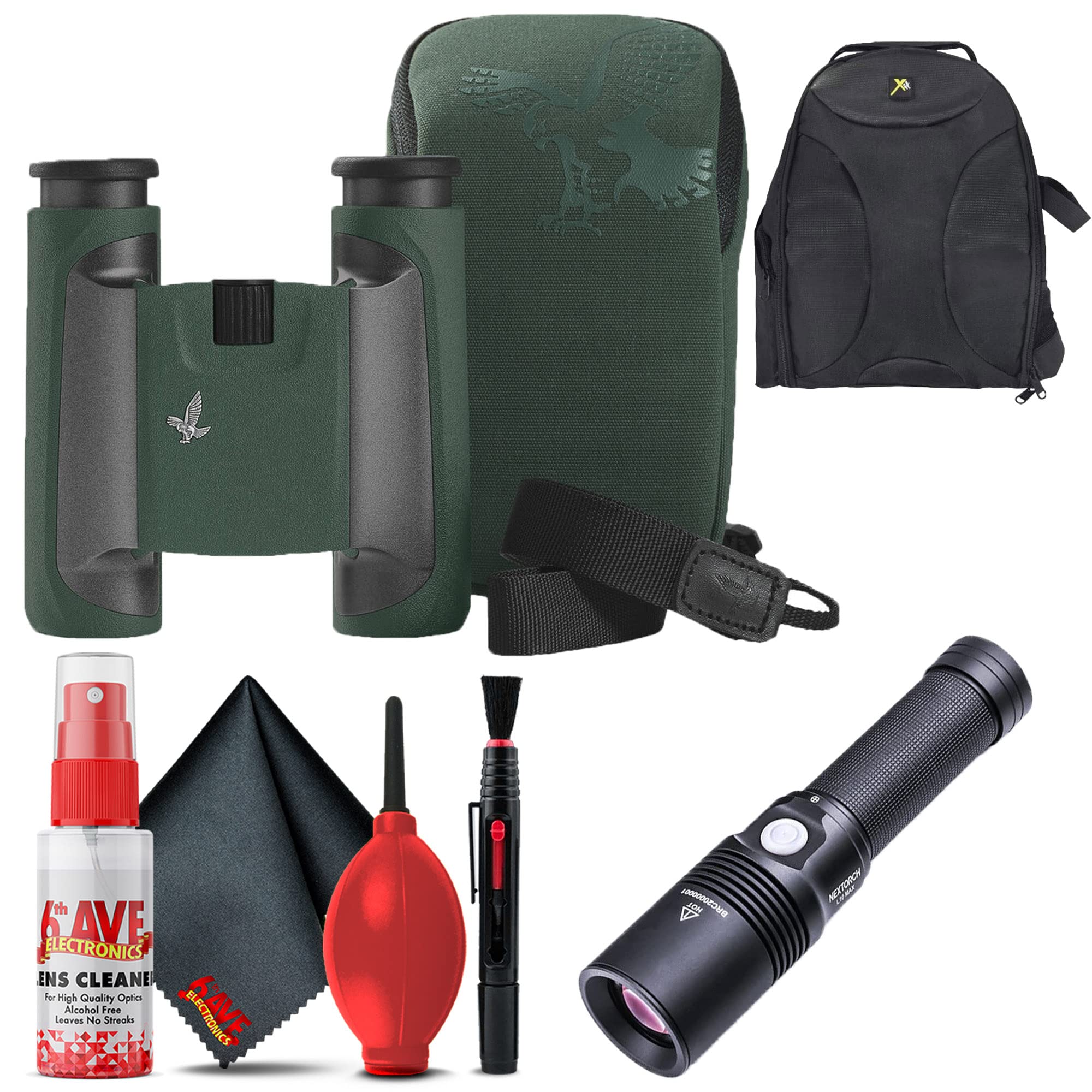 SWAROVSKI10x25 CL Pocket Mountain Binoculars (Green, Wild Nature Accessory Package) + Padded Backpack + Flashlight + 6Ave Cleaning Kit