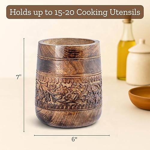 Miniatura 5 de Mie Creations Soporte grande rústico de 7 pulgadas para encimera de cocina, organizador de espátula de cocina de madera para fiestas, organizador de