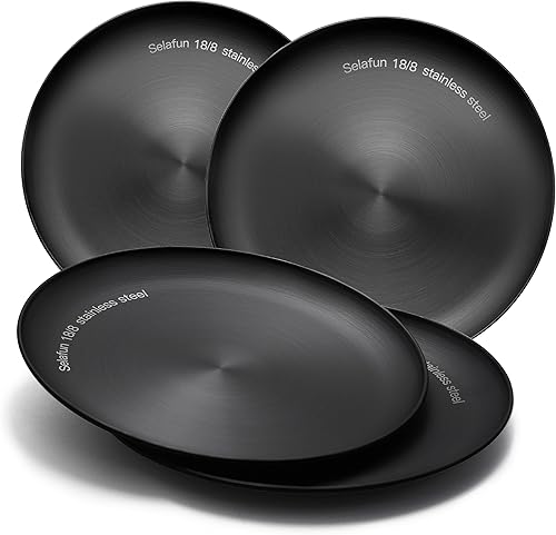 Miniatura 8 de Platos redondos de acero inoxidable 188 de metal  Juego de 4 platos de ensalada de 9 pulgadas aptos para lavavajillas de grado alimenticio para