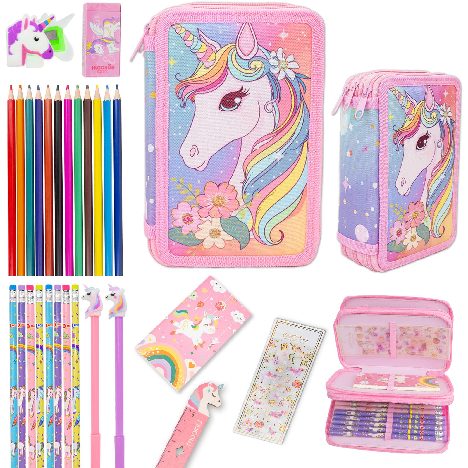 Mowtential 38 Piezas Estuche para Unicorni Niña,Estuche Escolar 3 Compartimentos,Lápices,Bolígrafos Colores,Bolígrafos Neutros,Regla,Goma borrar,Sacapuntas,Pegatinas,Cuaderno（Rosa Claro）