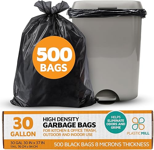 PlasticMill Bolsas de basura resistentes  Bolsas de basura negras  Bolsas de basura de plástico  Bolsas de basura para cocina, baño, oficina, bolsas