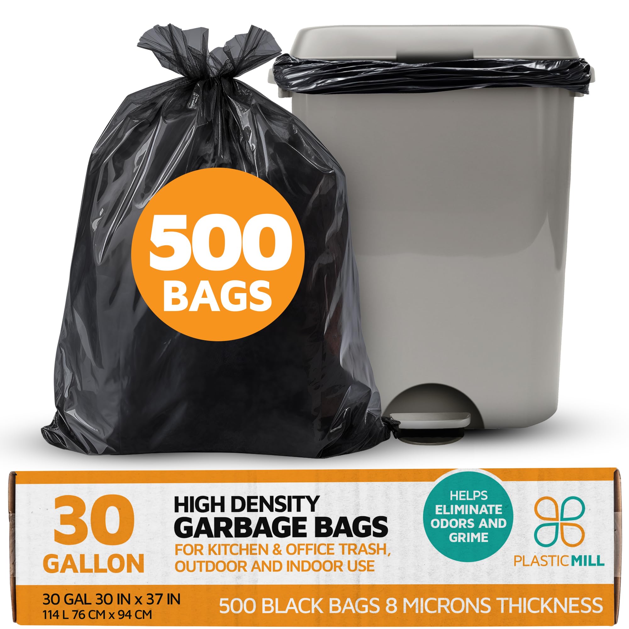 PlasticMill Heavy Duty Trash Bags - Black Garbage Bags - Plastic Trash Bags - Kitchen, Bathroom, Office Garbage Bags, Trash Can Liners - 20-30 Gallon, 8 Microns, 30