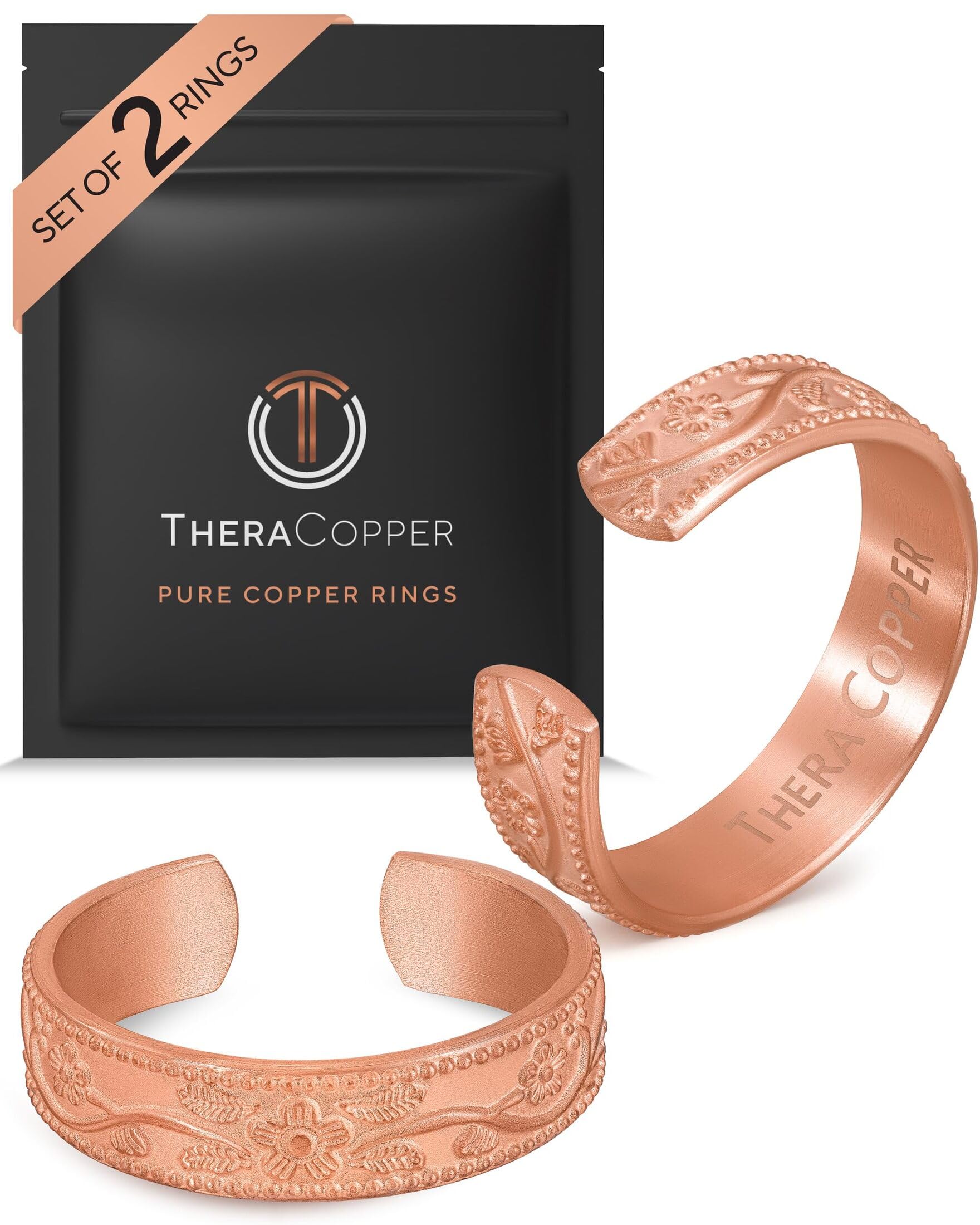 TheraCopper Pure Copper Rings for Women (2-Pack) — 100% Pure Copper Ring — Raw, Solid & Uncoated Authentic Handmade Open-End Adjustable Ayurvedic