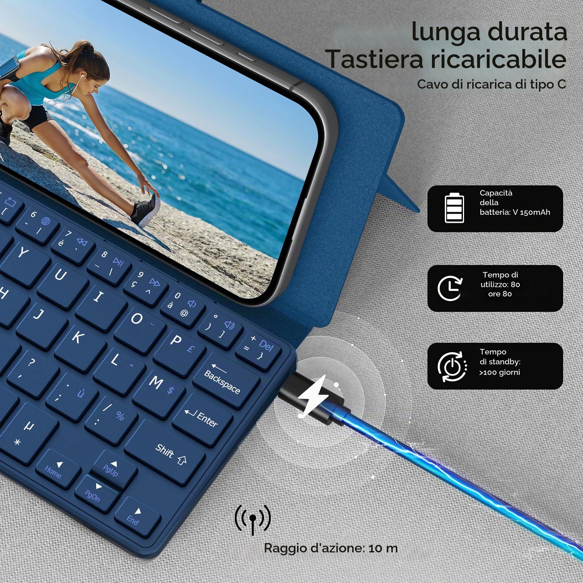 CACOE Tastiera Bluetooth pieghevole, mini AZERTY senza fili tastiera a doppio canale | Tastiera Bluetooth per iPad/Phone/Tablet, Android, Windows con supporto e ultra piatto, blu oceano