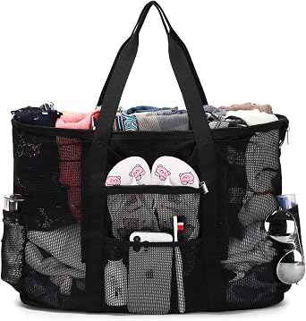 Eslcorri Mesh Beach Tote - Extra Large Beach Bag with 11 Pockets Foldable Tote Bag Women Oversized Pool Bag Travel Essentials