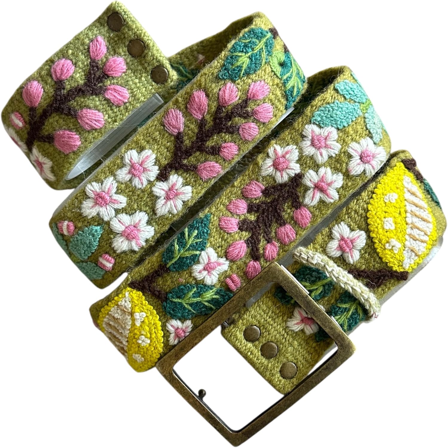 Peruvian Embroidered Flower Wool Belt, Hand Embroidered, Fair Trade - "Lemons and Leaves Belt"