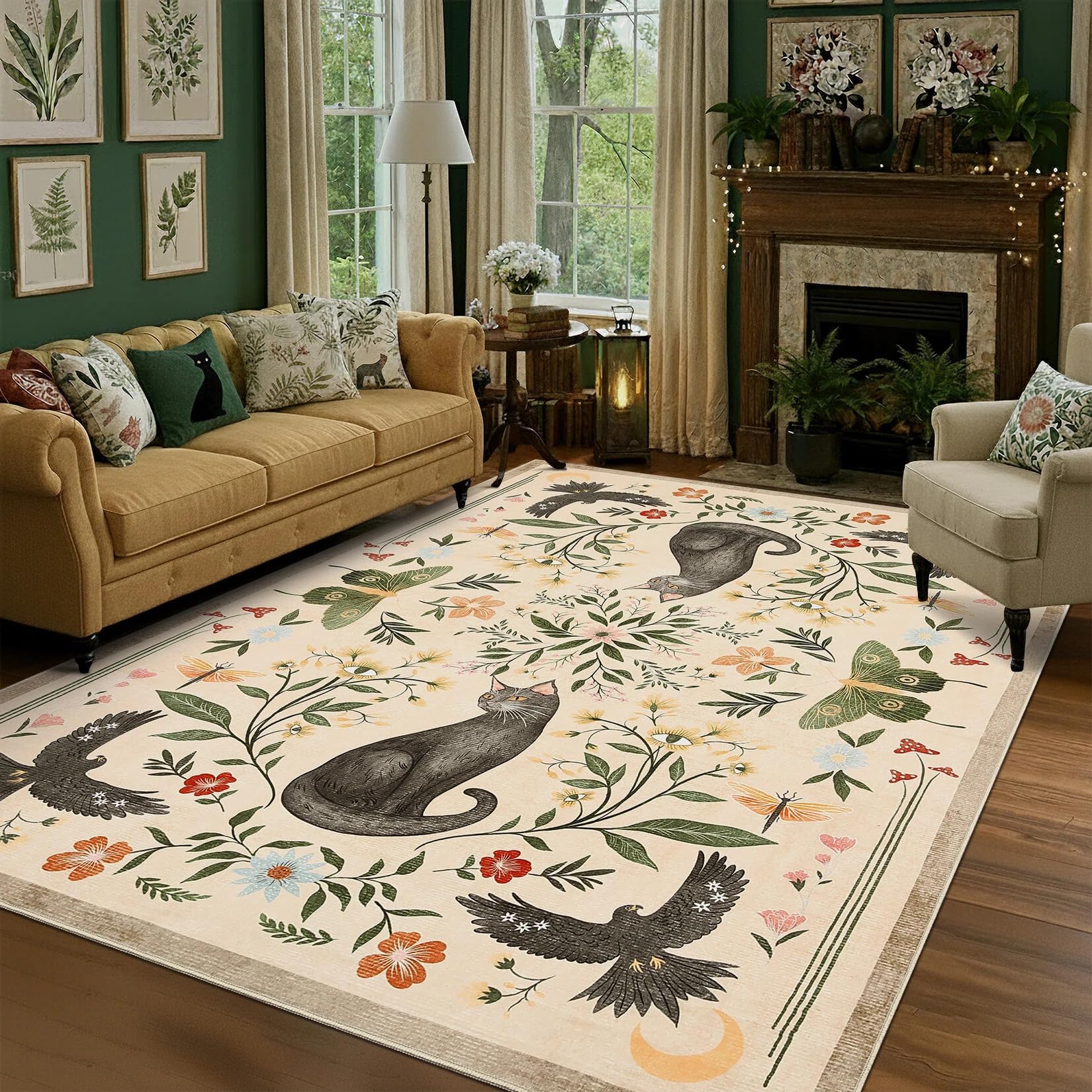 FairyStyle 200x290 cm Cat Area Rug, Animal Print Washable Rugs for Living Room, Low Pile Non Slip Floor Mat Soft Floral Throw Rug Indoor Carpet for Bedroom Dorm Playroom Gothic Decor, Camel