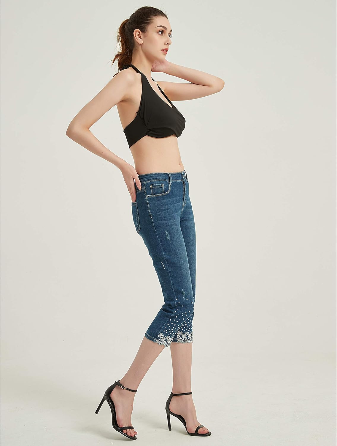 Lisskolo Women's Capri Jeans Embroidered Stretch Mid-Rise Skinny Cropped Denim Jeans Capris