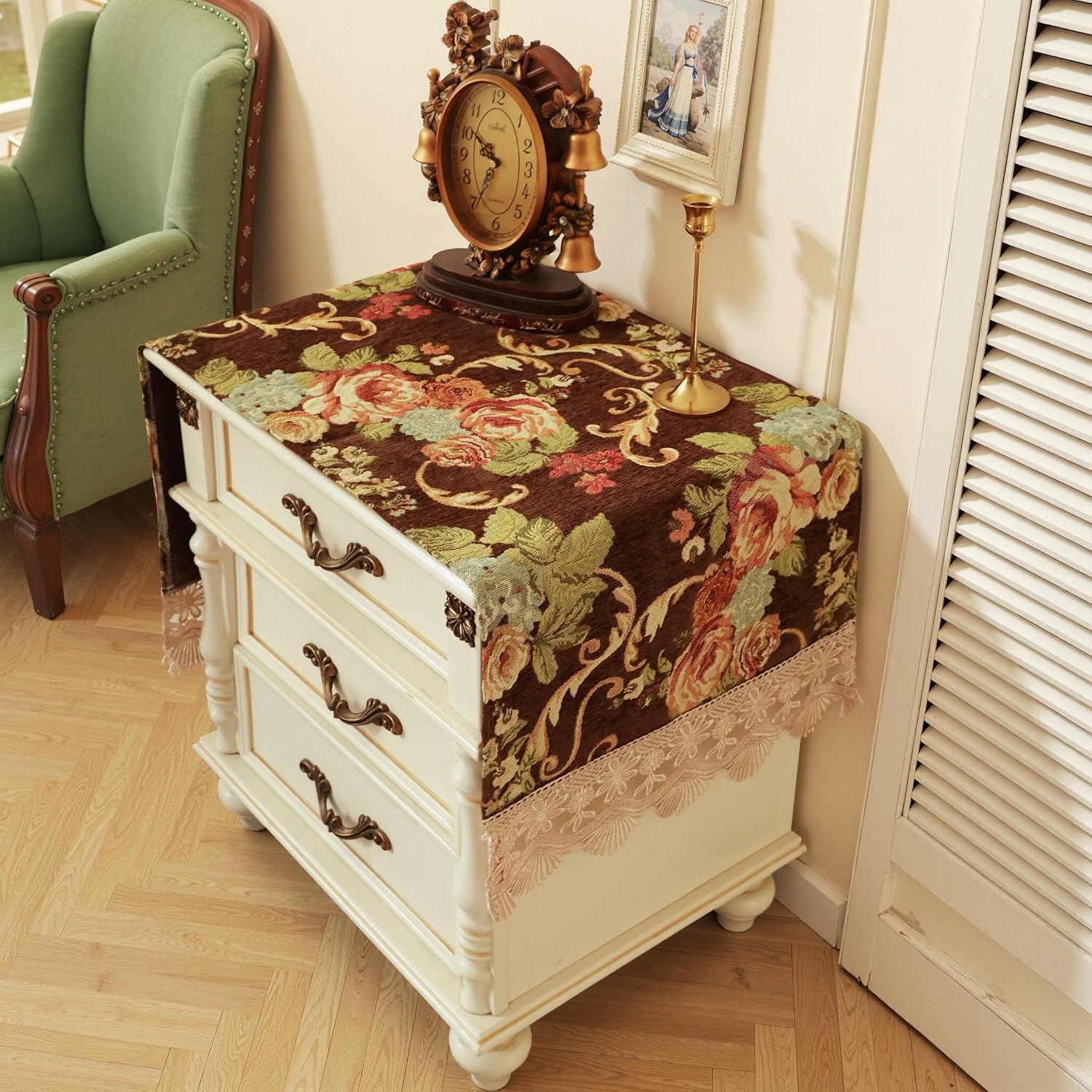 Nightstand Cover:Luxe Palace Garden Chenille Table Protector with Lace, Vintage Floral Embroidery Dresser Cover for End Table/Bedroom, Machine Washable(Fhsjz Brown Floral,51.2" L x 15.7" W)