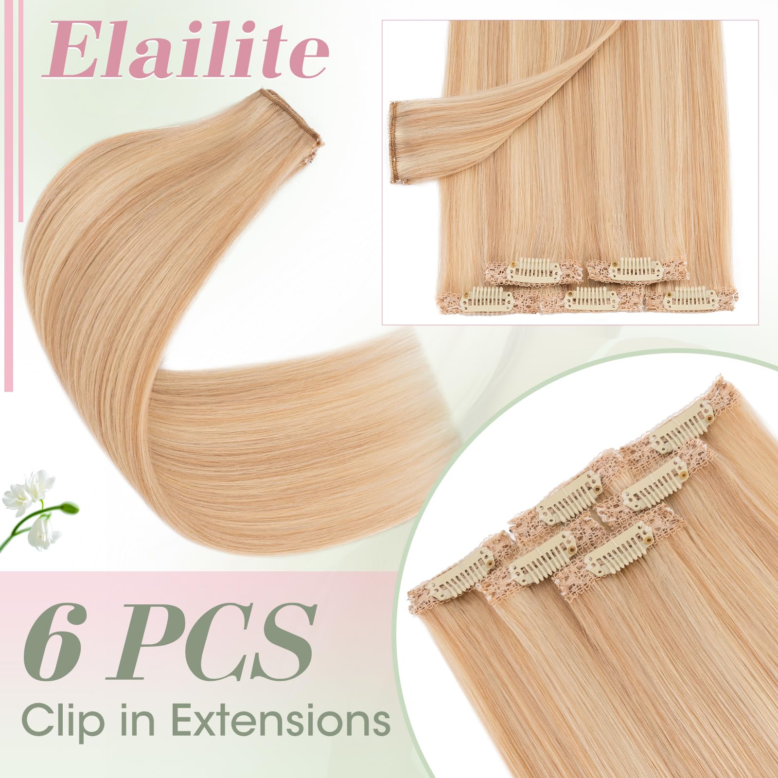 Elailite Echthaar Extensions Clip Balayage Silk Lace in Tressen 6Stücke Clip in Haarverlängerung Unsichtbar 40g 40cm für Volumen/Meches #18P613