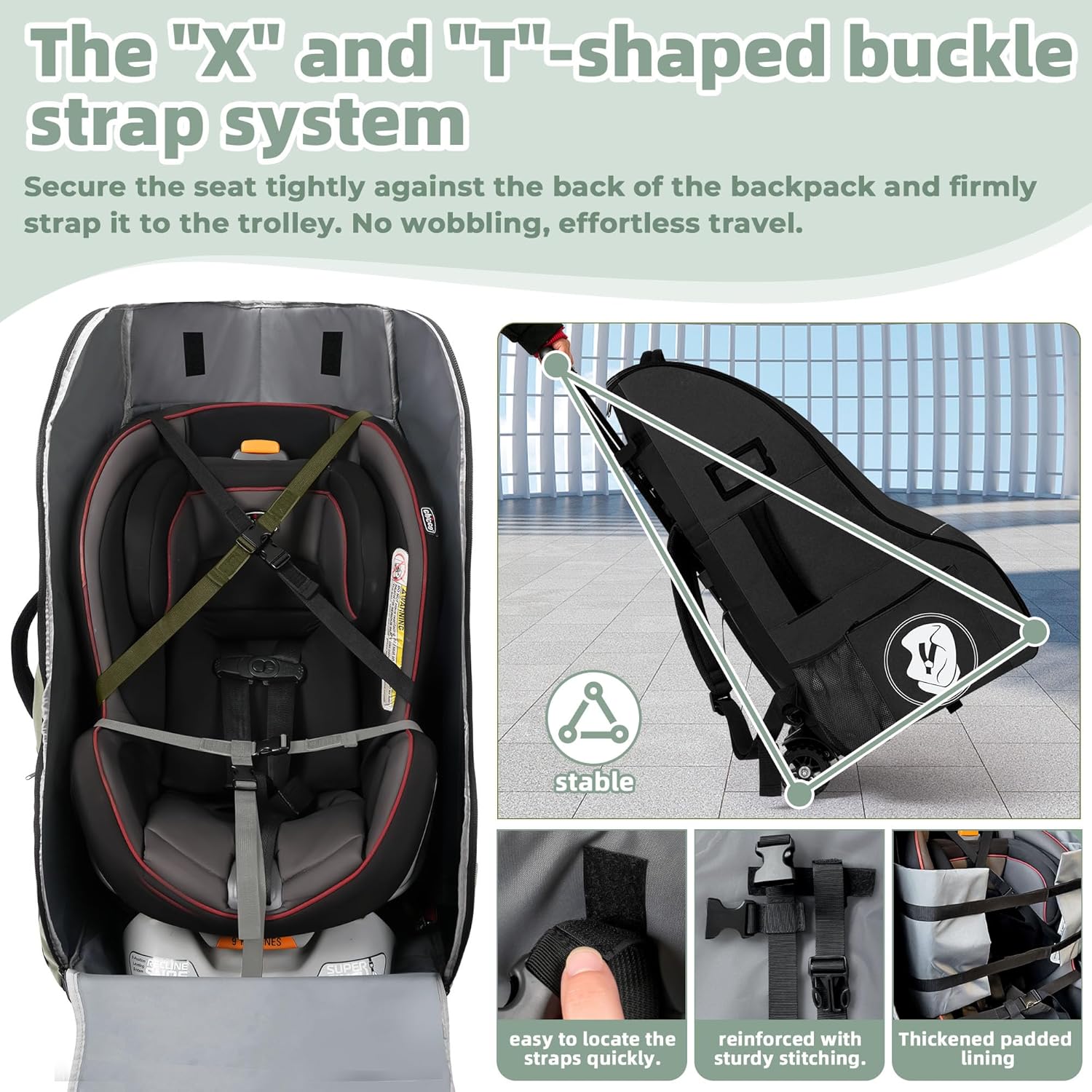 Rolling Car Seat Travel Bag with Wheels – Car Seat Backpack Transport Case for Airplane Travel, Fits Convertible & Booster Seats, Protective Storage Cover, Black
