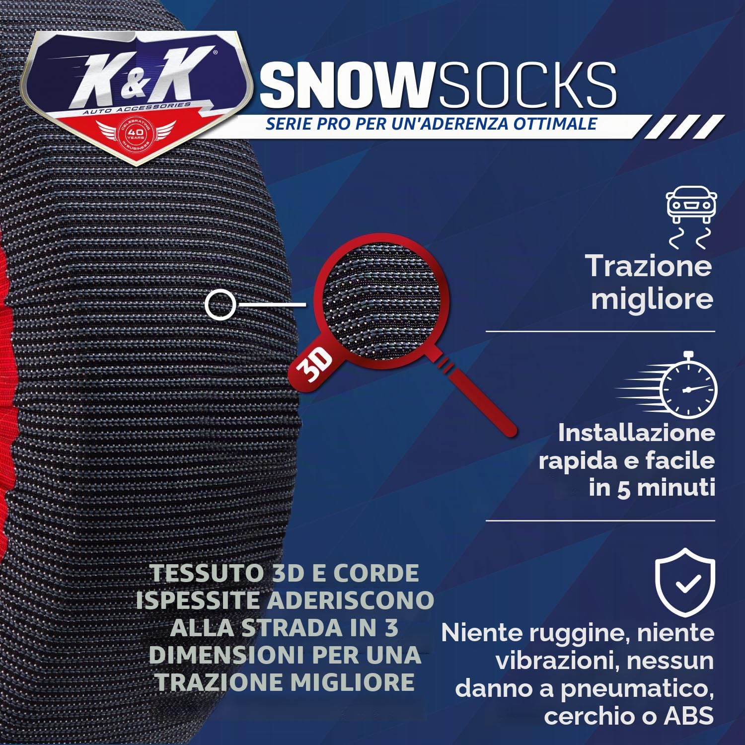 K&K Automotive - Calze da neve per pneumatici, serie Pro per la massima presa, dispositivo di trazione alternativo per camion, SUV, furgoni, auto, kit di emergenza invernale, accessorio per auto,