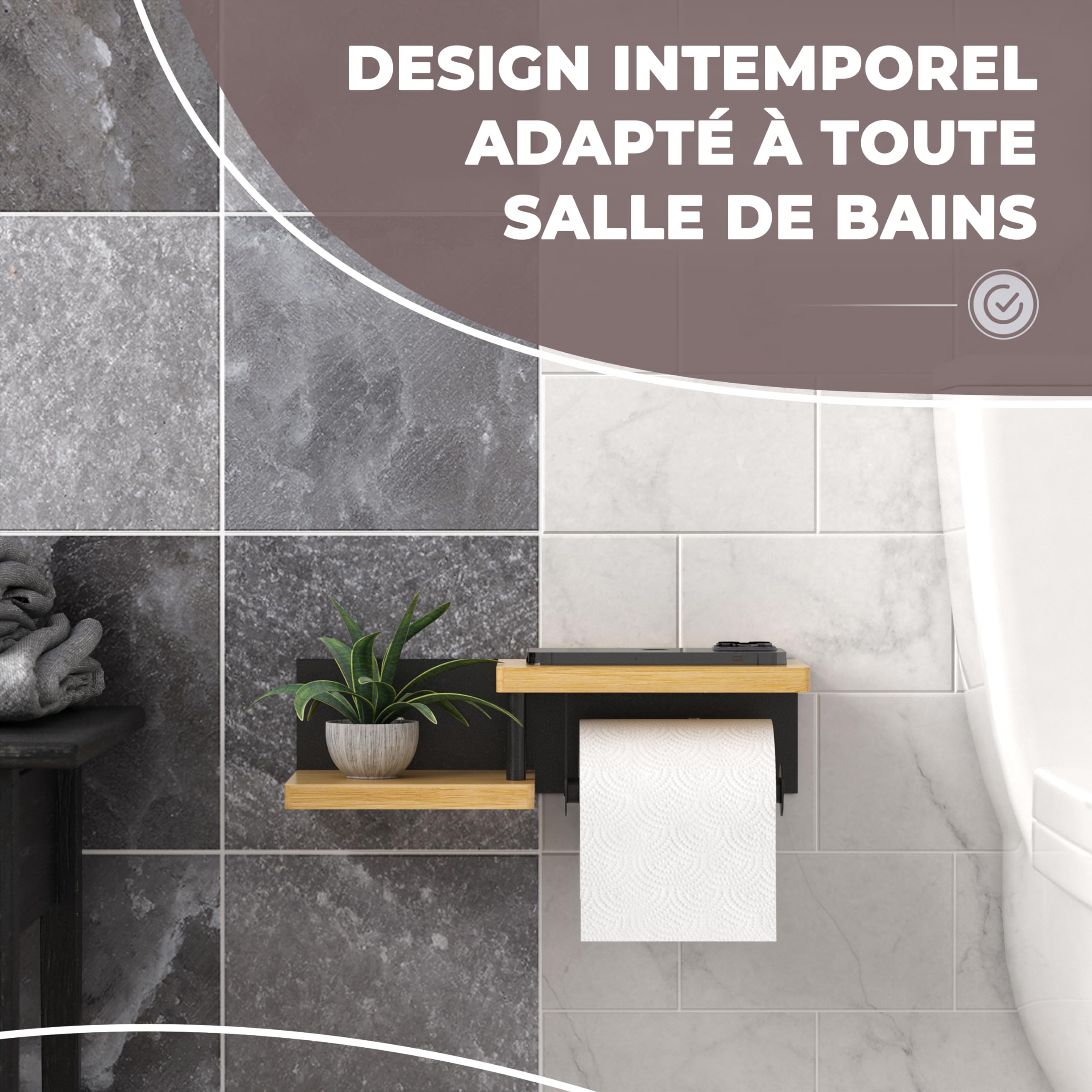 ElbFuchs® Porte Papier Toilette Mural en Bois de Bambou [sans PERCAGE] | Derouleur Papier Toilette de Haute qualité avec étagères | Noir | Porte Rouleaux de Papier Toilette