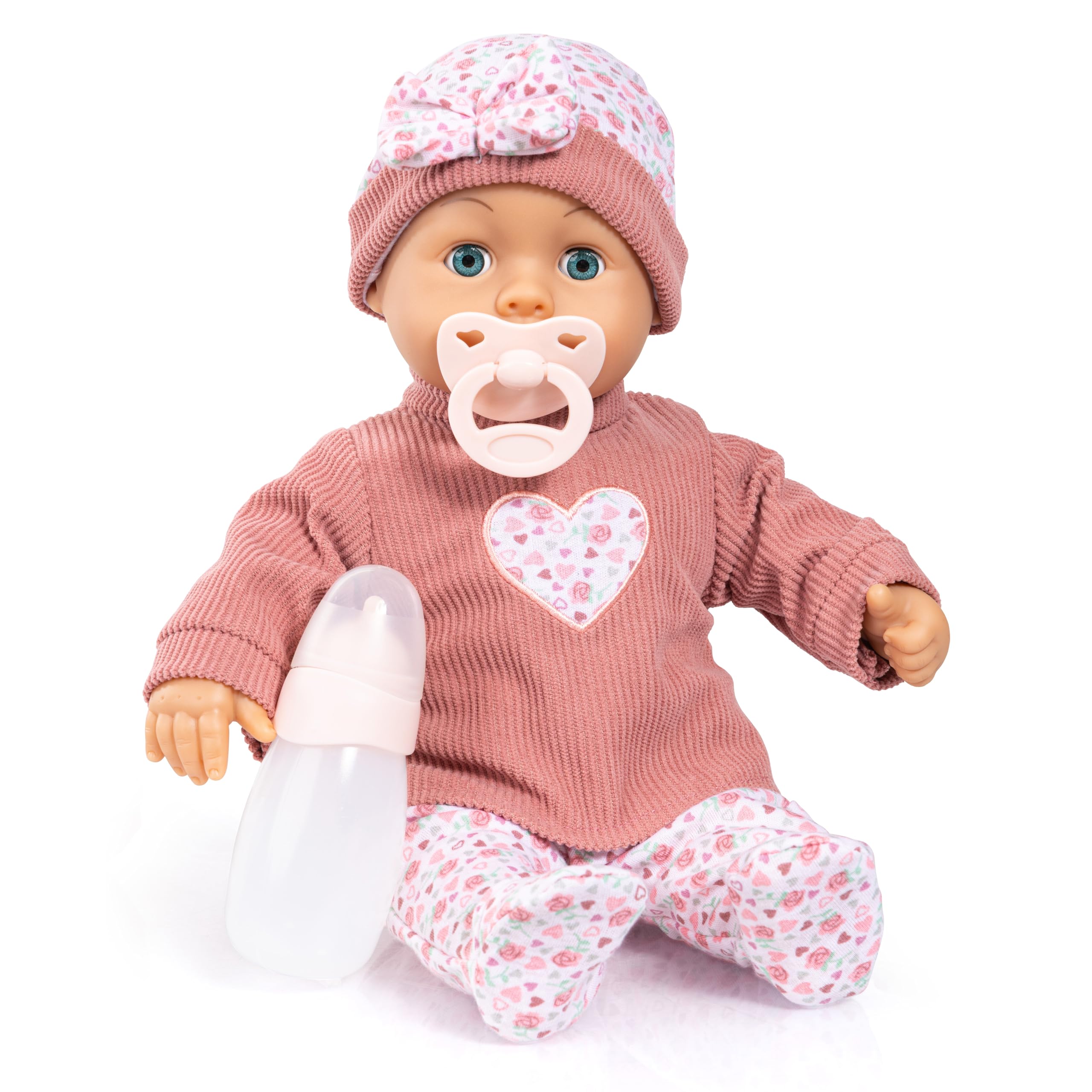 Bayer Design 93824DB Interactive baby doll, talking, soft body, sleeping eyes, cute outfit, dummy, bottle, 38 cm