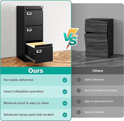 Miniatura 9 de SISESOL Archivador vertical de 3 cajones con cerradura, archivador de acero inoxidable, archivador de metal para organizador de oficina en casa,