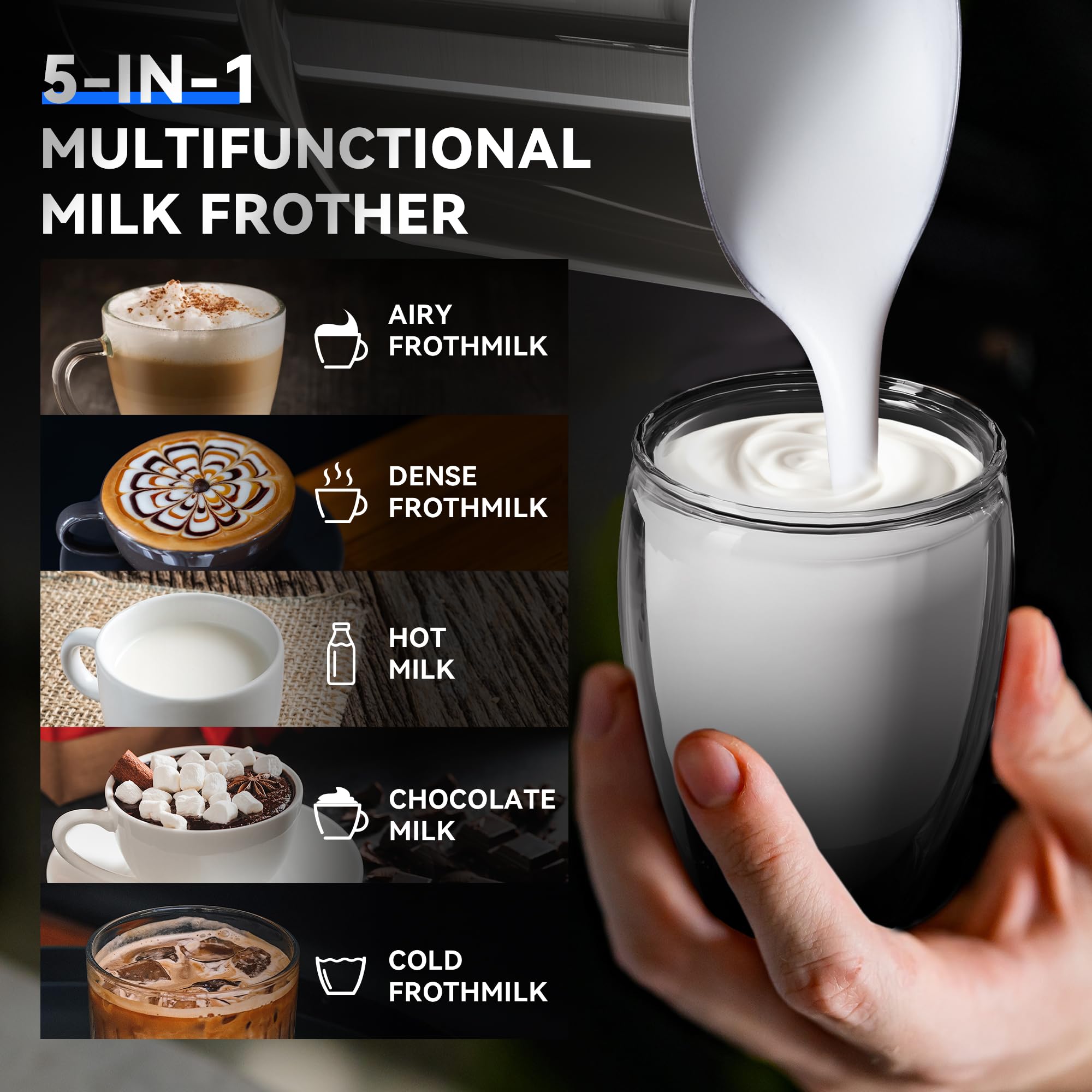 Elektrischer Milchaufschäumer 5-in-1 600 ml Milchaufschäumer, Abnehmbarer Automatischer Milchschäumer, Temperaturkontrolle Spülmaschinenfest, für Latte, Cappuccino, heißen und kalten Milchschaum