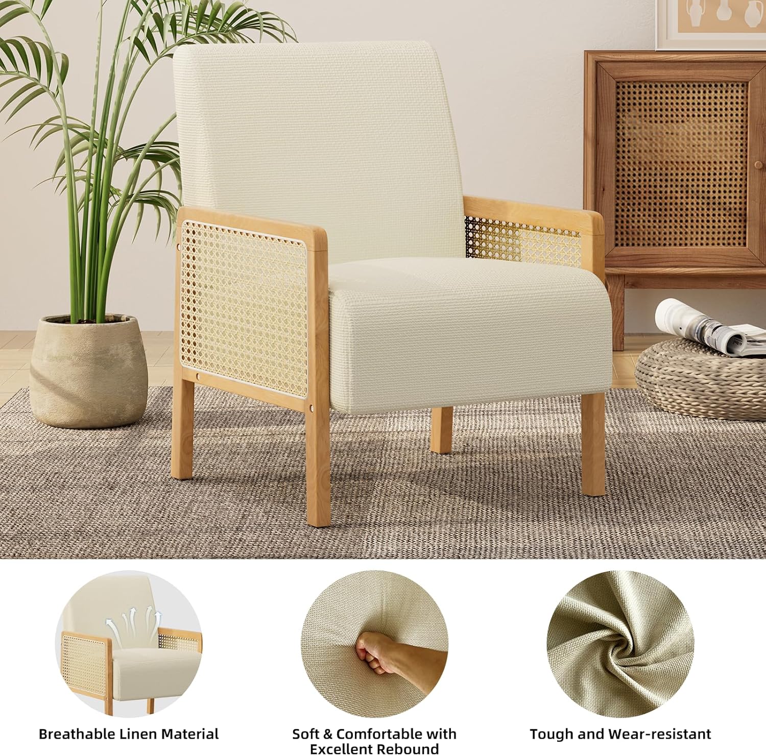 Rattan Accent Chair with Rattan Arms, Mid Century Modern Chair for Living Room, Linen Upholstered Comfy Chair for Bedroom, Reading Room, Home Office, Beige
