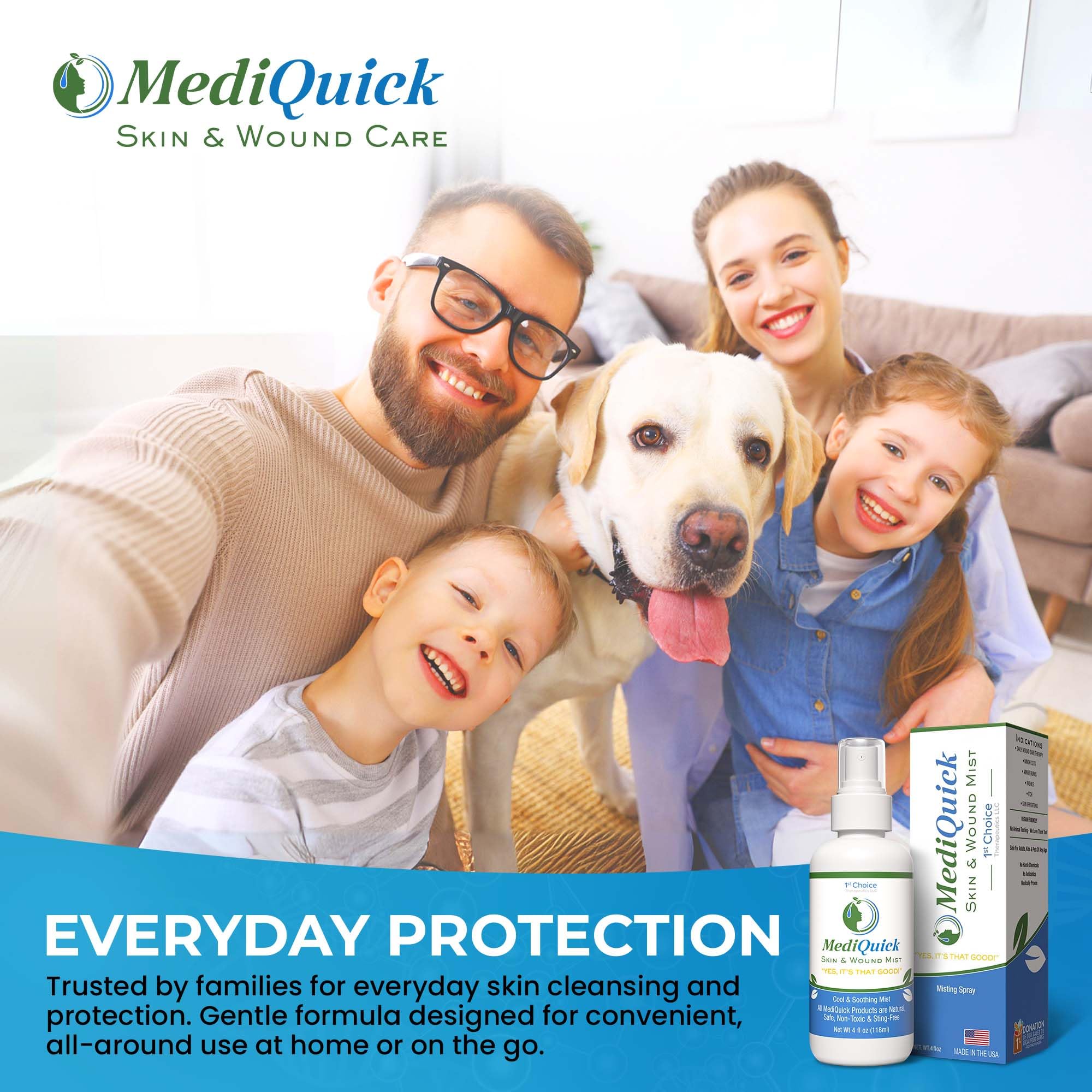 MediQuick Mgiełka w sprayu z kwasem podchlorowym, spray antyseptyczny bez żądła, 113 g | Naturalny żel do pielęgnacji ran na oparzenia słoneczne, skaleczenia, trądzik, ochrona 12 godzin