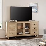 WAMPAT Ferme porte en verre TV Stand pour les téléviseurs Jusqu'à 75 de pouce, bois universel TV Table Console avec 4 Armoires de rangement, Centre de divertissement pour 32-75 pouces TV Console Cabinet, 58', Oak