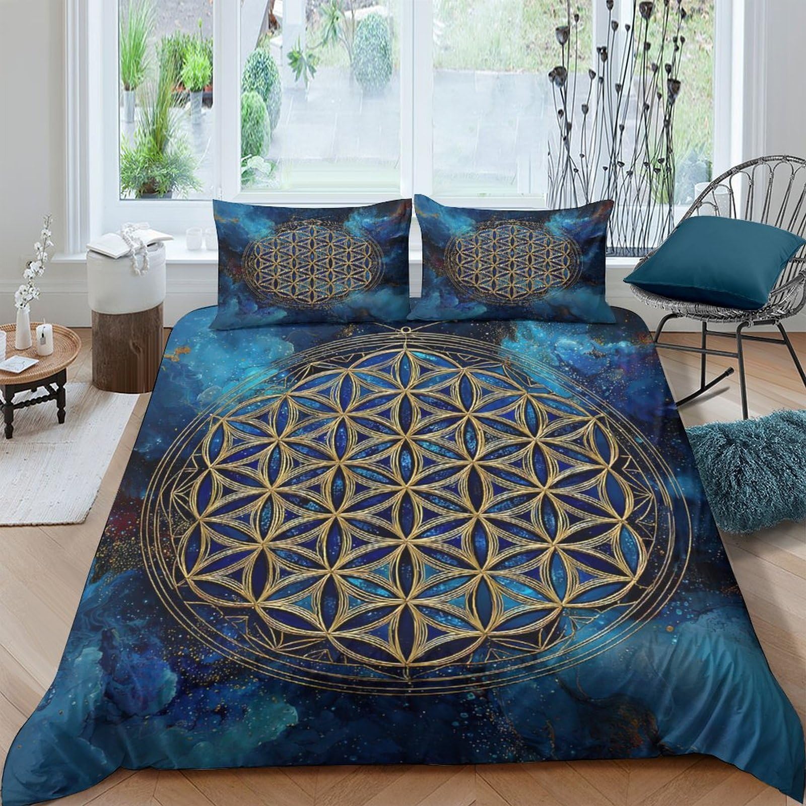 Ctjqhvkz Style-4 3D Printed Sacred Geometry Fitted Sheet Microfiber Soft Blue Mandala Mattress Cover Bedroom Decor For Home Guest Room Single（135X200cm）