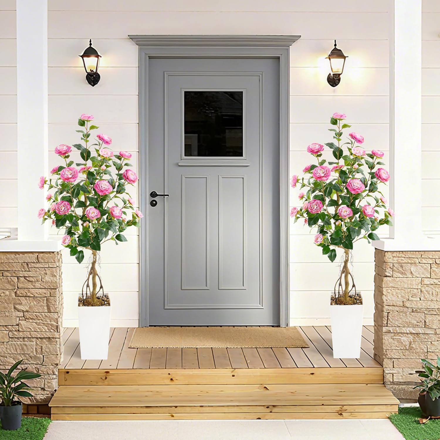 5FT Artificial Camellia Tree with White Tall Planter, Pink Faux Plant Indoor Outdoor, Faux Camellia Plants for Porch, Living Room & Office Decor