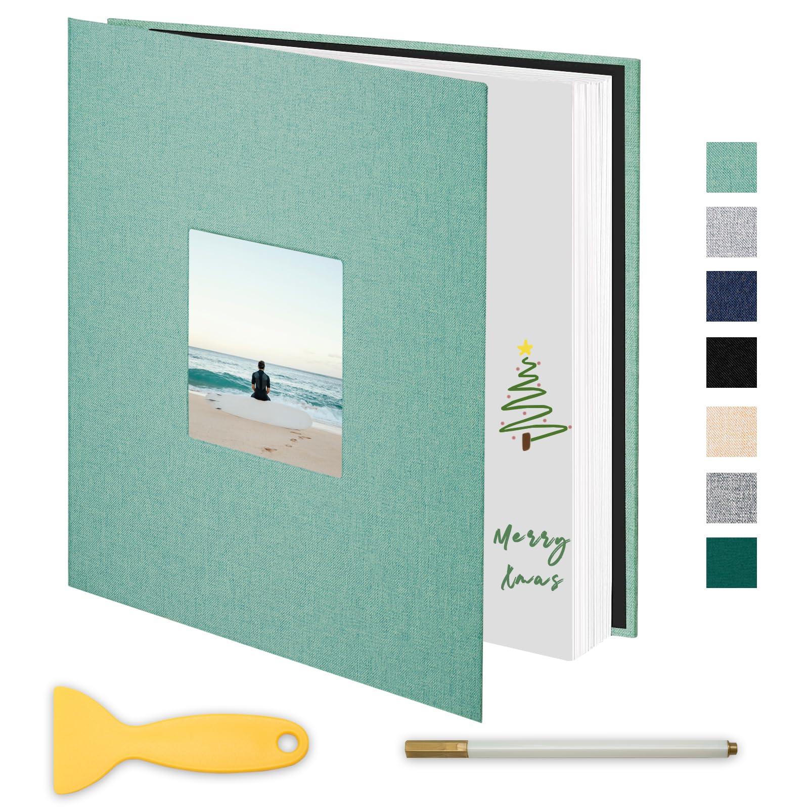 Album na zdjęcia, samoprzylepny stron, lniany album do scrapbookingu, mieści zdjęcia 6 x 8 x 18 x 10 cm, na ślub, dla dziecka, rodziny, ukończenie szkoły, pies, wakacje (turkusowy, 28 x 27,9