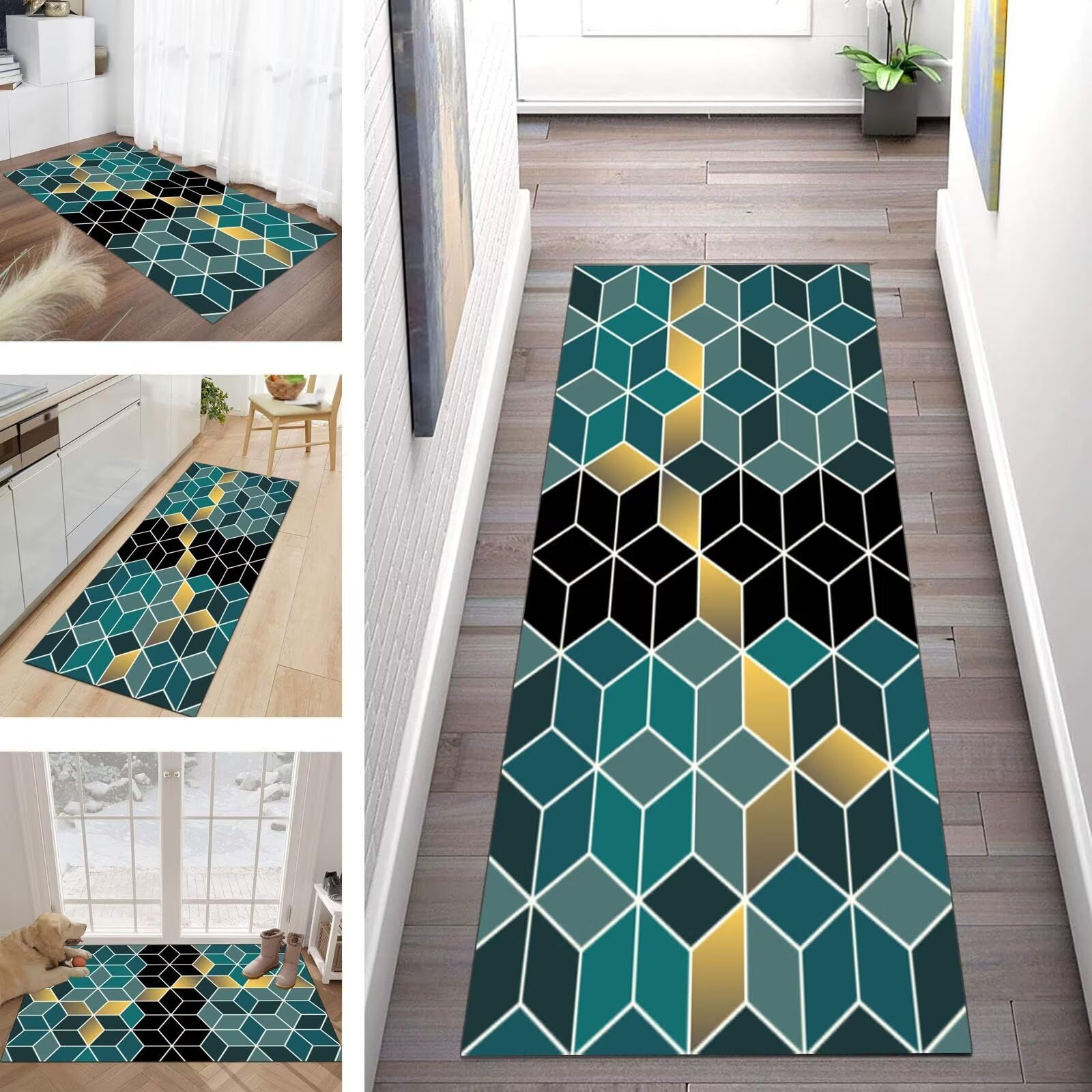 Tapis de cuisine antidérapant et lavable noir et doré