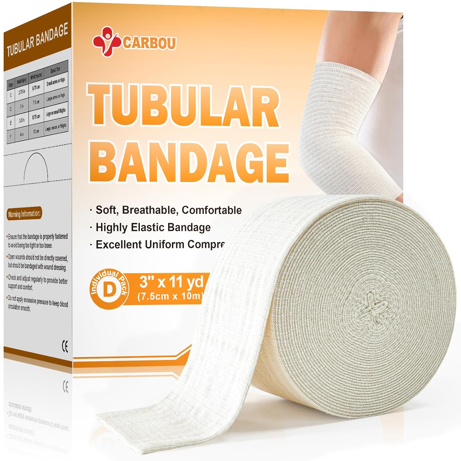 Carbou Elasticated Tubular Support Bandage 3" x 11 yd (Size D), Soft Stockinette Tubing for Legs, Arms, Knees, Thighs, Reusable Compression Support Bandage Roll for Joint Tissue Size D | 3" x 11 yd