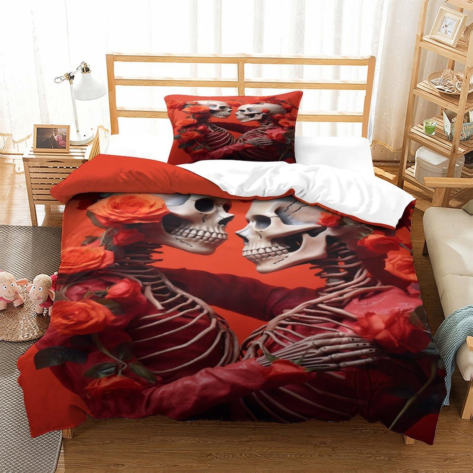 P1S9U7W5Y Romantic Skeleton 3D Printed Rose Duvet Cover Set 3pcs Microfiber Couples Bedding Set Single