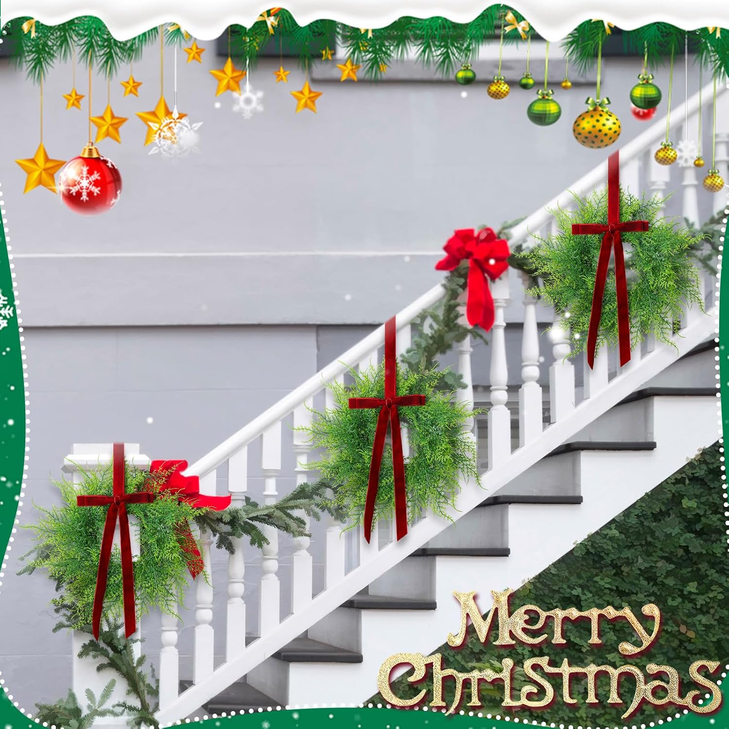 6 Pack Xunyee Small Christmas Wreaths 11", Red Velvet Bow, Persian Grass